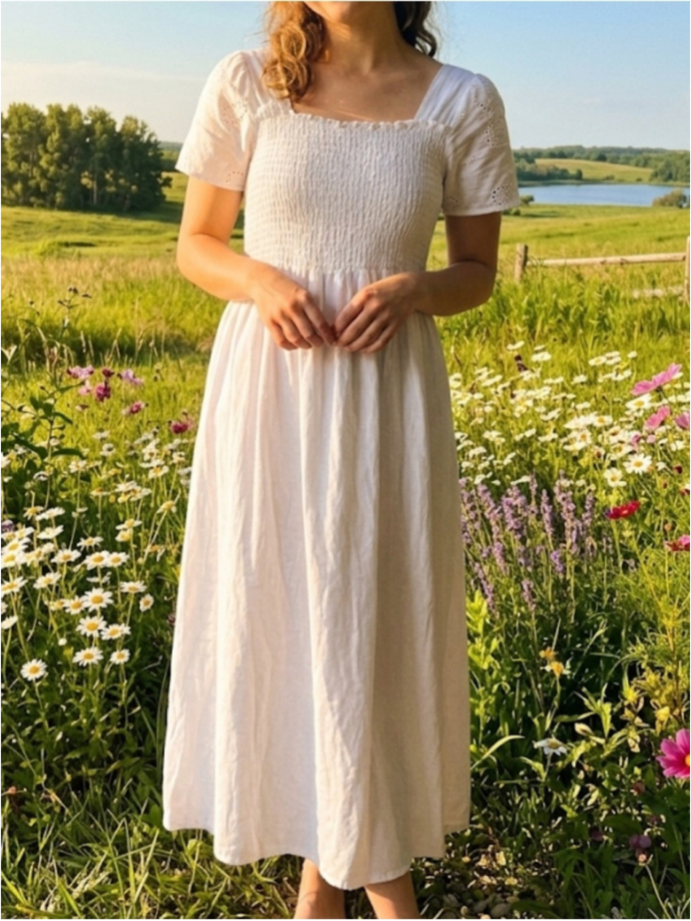 Wiya Italy Linen White Smocked Eyelet Sleeve Dress Sz S/M